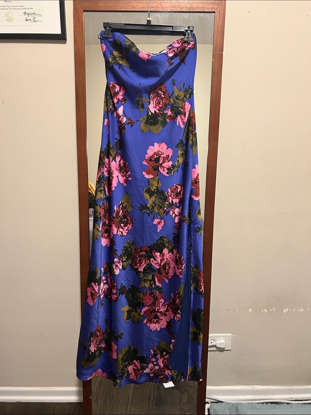 Strapless Satin Floral Maxi Dress